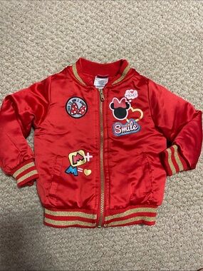 Disney toddler girls size 3T Red Satin Minnie Mouse Patch Bomber Jacket
